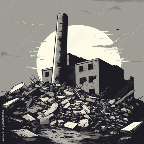 A stylized illustration depicting the remains of an industrial building buried under a pile of rubble