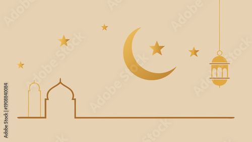 A beautiful minimalist illustration featuring Islamic symbols like the crescent moon and lantern creating a peaceful and celebratory atmosphere for Eid or Ramadan