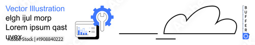 Cloud computing, data integration, storage, technology operations, business analytics, digital services. Gear with graph on device, cloud icon alongside. Cloud computing and data integration concept