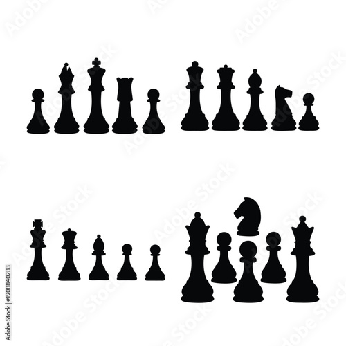 A striking display of classic chess piece silhouettes in two distinct rows on a clean white background