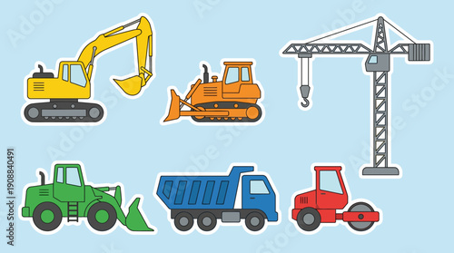 Construction equipment set with excavator, crane, and vehicles