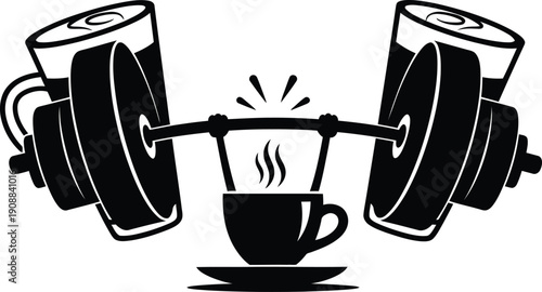 Strong coffee cup lifting heavy dumbbells barbell silhouette icon isolated on white background for gym fitness and morning energy motivation concept.