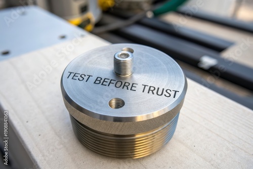 Metal industrial pipeline hydrotest plug with text