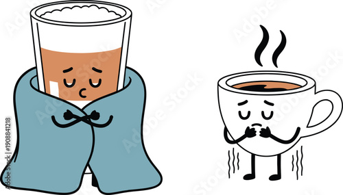 Cute coffee cup and latte glass characters feeling cold and shivering wrapped in a blue blanket isolated on white background for seasonal cafe design.