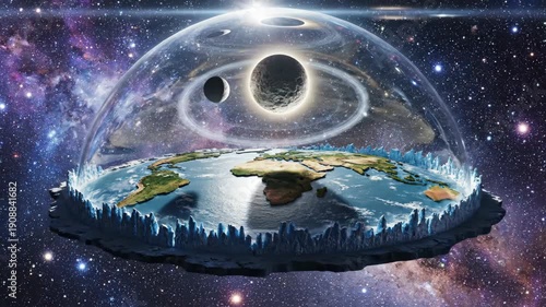 Conceptual flat earth model under firmament dome in space