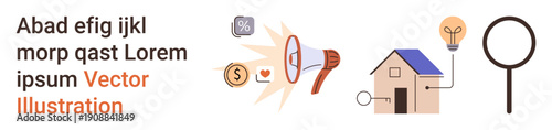 Advertising, business ideas, innovation, financial growth, information search, energy efficiency. Loudspeaker emits icons thumbs up a dollar and percentage. Advertising and business ideas concept