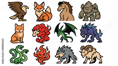 Dragon icon vector illustration with various mythical creatures