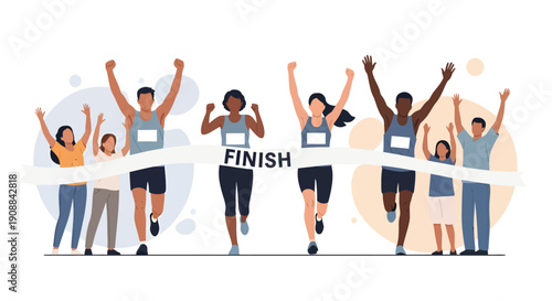 Diverse athletes crossing finish line together, surrounded by cheering crowds and supporters in a celebratory atmosphere