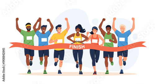 Diverse group of runners crossing the finish line together in a celebratory illustration