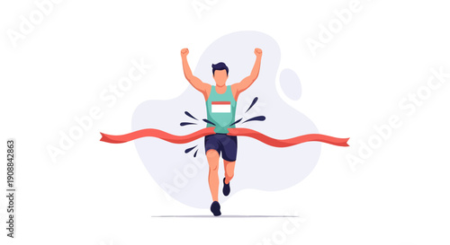 Man crossing finish line with arms raised in victory and red ribbon flowing behind him in a celebratory sports event