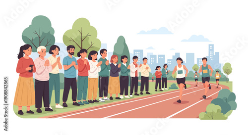 Crowd cheering marathon runners on a track near city skyline and trees