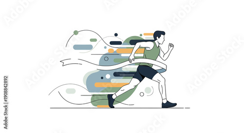 Man running swiftly on a track with dynamic abstract background elements