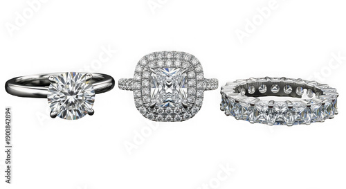 Elegant vintage-style jewelry set featuring rings and a brooch isolated on transparent background