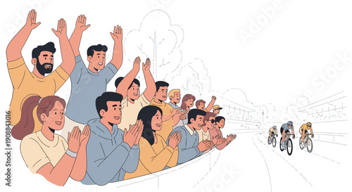 Spectators cheering on cyclists racing by on road