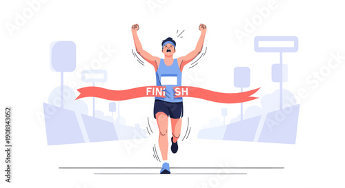 Runner crossing finish line with arms raised in victory on marathon course