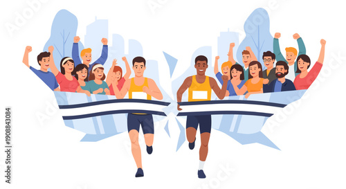 Two athletes cross finish line with cheering crowd in background illustration
