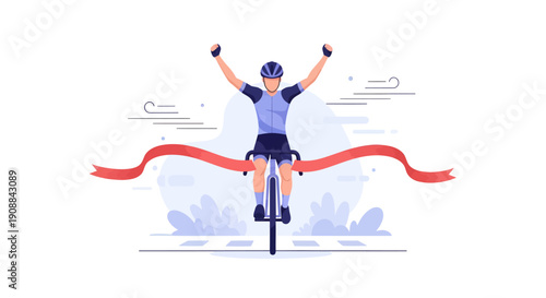 Cyclist crosses finish line with arms raised in victory on bike ride