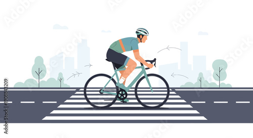 Cyclist riding bike across city street crossing with urban landscape background