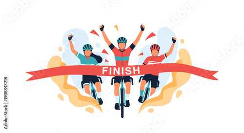 Cyclists crossing finish line with arms raised in victory on road bikes