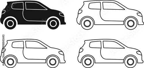 Car silhouette illustration set, four compact vehicles solid outline black design side view transportation theme, vector artwork, automotive and mobility concept, isolated background