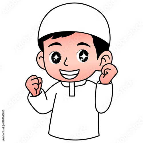 Happy Muslim Boy Character Illustration Wearing White Thobe and Kufi Hat, Cheerful Little Kid Celebrating with Fists Up, Islamic Cartoon Vector Icon