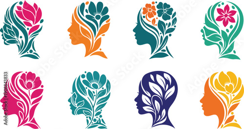 Floral Women Head Silhouette Profiles Symbolizing Beauty Nature and Femininity