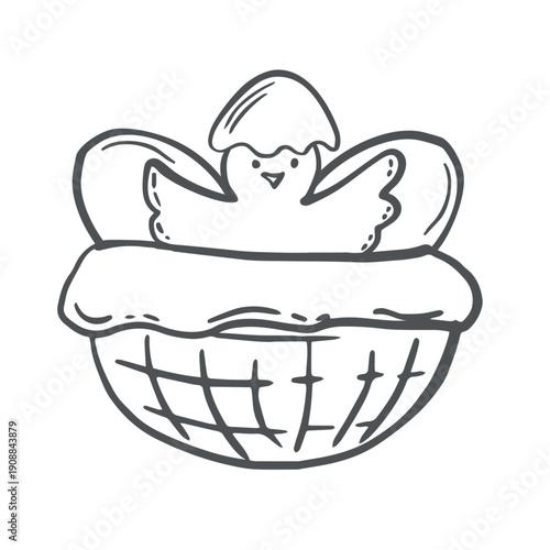 Chick with eggs in nest vector graphic illustration. Whimsical hand drawn isolated doodle for Easter and farm designs. Black and white composition of farm birds, baby animals for crad, packaging.