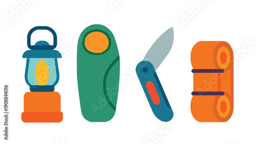 Outdoor gear icon set including lantern, knife, and camping tools vector illustration