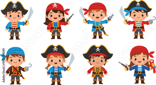 Pirate cartoon illustration set, eight children costumes hats swords pistols hooks parrots bandanas adventure play theme, vector artwork, childhood and fantasy concept, isolated background