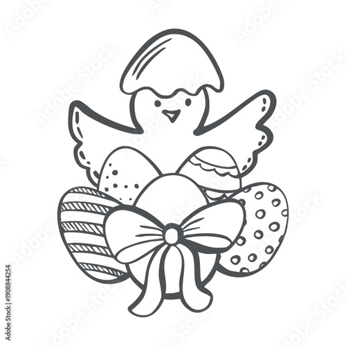 Chick with Easter dyed eggs vector graphic illustration. Whimsical hand drawn isolated doodle for Easter egg hunt designs. Black and white composition of farm animals and religious symbols for crad.