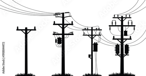 Silhouettes of electrical power poles with cables and transformers, energy distribution infrastructure illustration showing electricity transmission, utility 