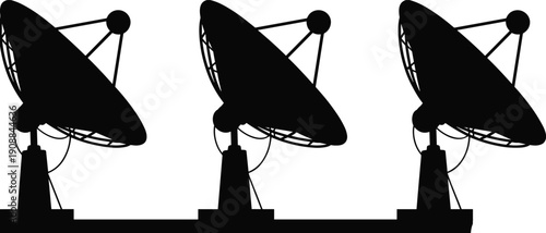Silhouettes of satellite communication dishes aligned in row, broadcasting and receiving signals, technology and telecommunications concept, radar antennas isolated on white background