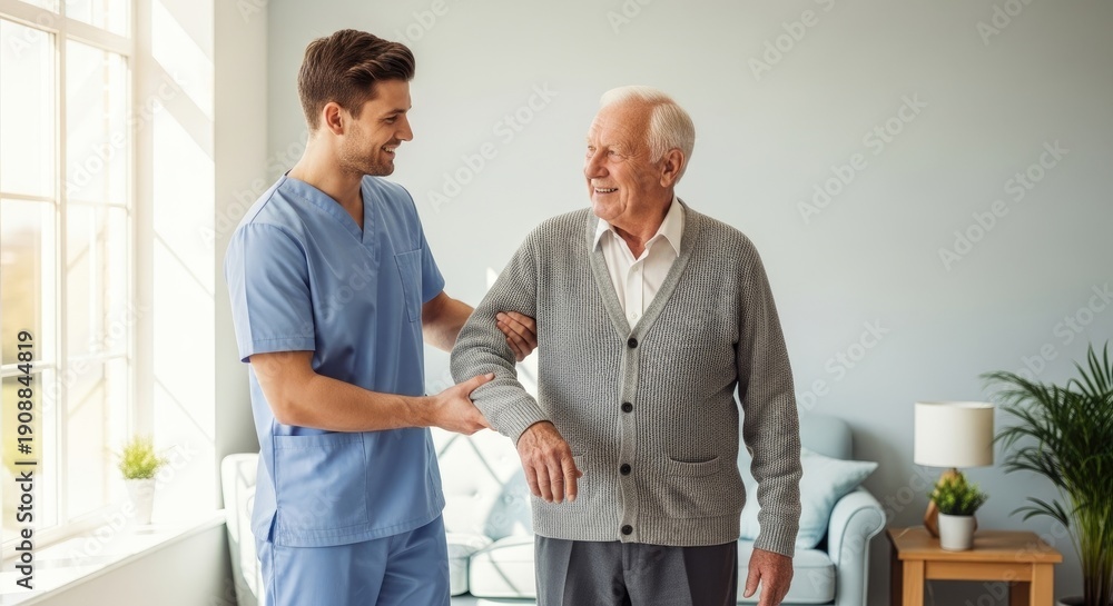 Fototapeta premium A young man helping an elderly man with a physical therapy exercise.