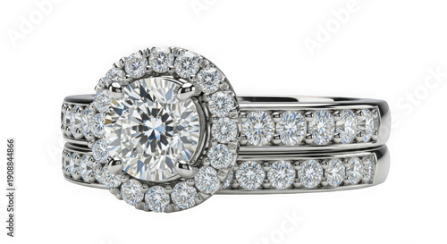 Elegant diamond solitaire ring with intricate design and sparkling gemstones isolated on transparent background