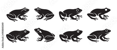 Set of Black Frog Silhouettes on White Background, Amphibian Icons in Various Poses for Graphic Design.