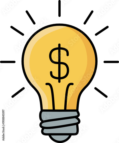 Innovation icon featuring a glowing yellow light bulb with a dollar currency symbol inside, representing financial success, profitable ideas, investment strategy, and entrepreneurial inspiration