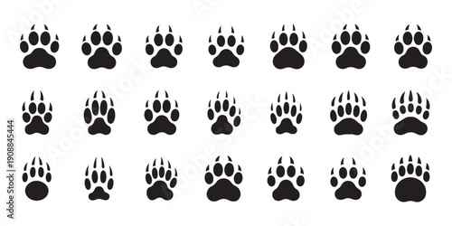 Black Animal Paw Prints Vector Collection, Ideal for Wildlife Tracking and Pet Designs.