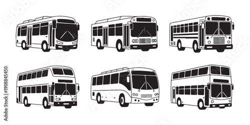 Set of Diverse Public Transportation Buses Vector Icons Illustrating Urban Travel and Commuting.