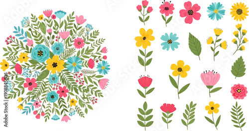 Vibrant Spring Flower Bouquet and Individual Floral Elements Vector Set on White Background