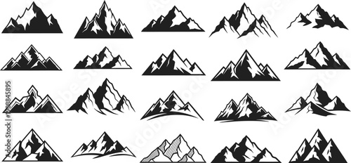 Diverse mountain peaks vector set, various styles of outdoor adventure icons and silhouettes.