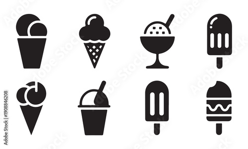 Ice cream cone icons set. with various flavors and toppings isolated on white background.