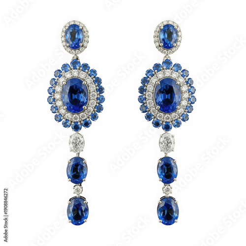 Elegant blue gemstone and crystal drop earrings with intricate detailing isolated on transparent background