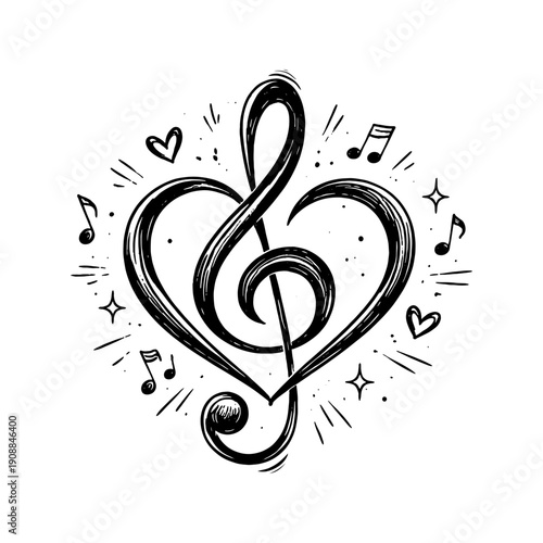 Hand drawn artistic treble clef musical note shaped like a heart