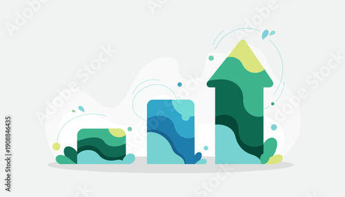 Vibrant business growth chart with rising arrow and colorful abstract shapes