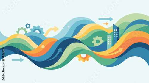 Vibrant business process flow with gears and arrows in modern design