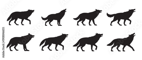 Dynamic Black Wolf Silhouettes Set. Howling and Walking Pack in Minimalist Vector Style on White.