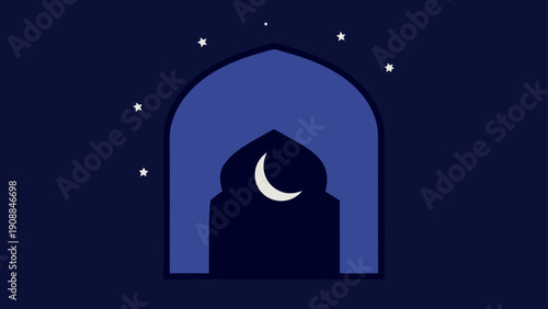 Serene and Peaceful Minimalist Illustration of a Starry Night with a Crescent Moon Viewed Through an Ornate Arched Window