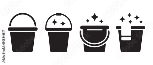 Cleaning Bucket Icons Set Illustrating Housework, Washing, and Hygiene Maintenance Services Vector.