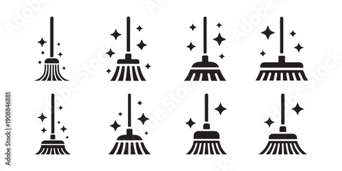 Collection of Cleaning Broom Icons with Sparkle Effect for Household Hygiene and Tidy Spaces.