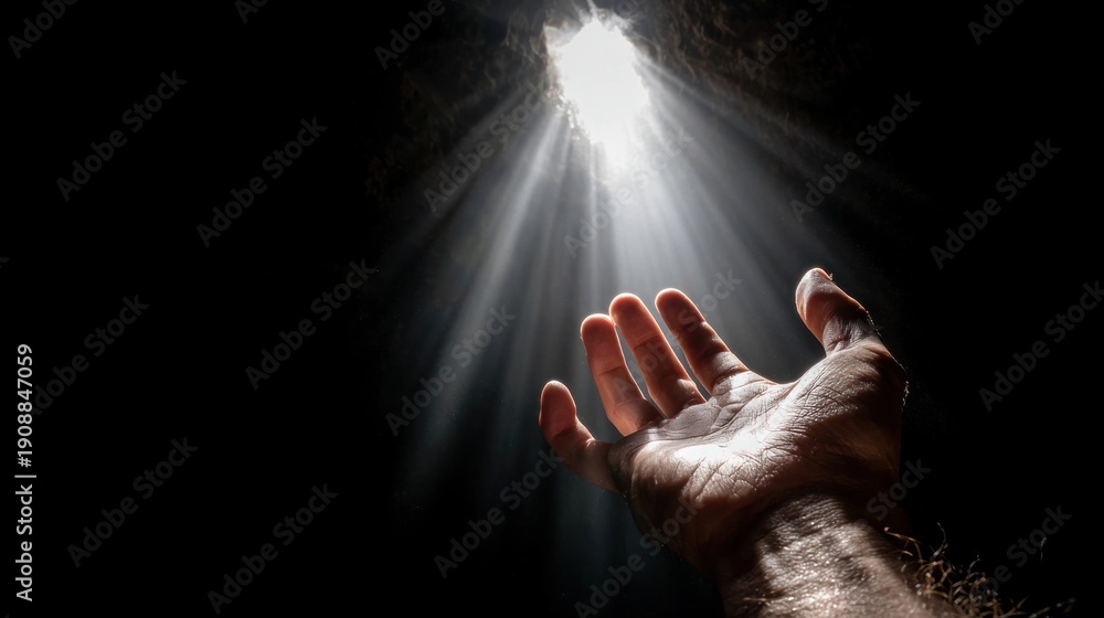 © Keo - A hand reaching out towards a light source in a dark cave.